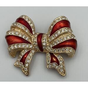 Gold Tone Red Enamel & Rhinestones Bow Brooch Signed